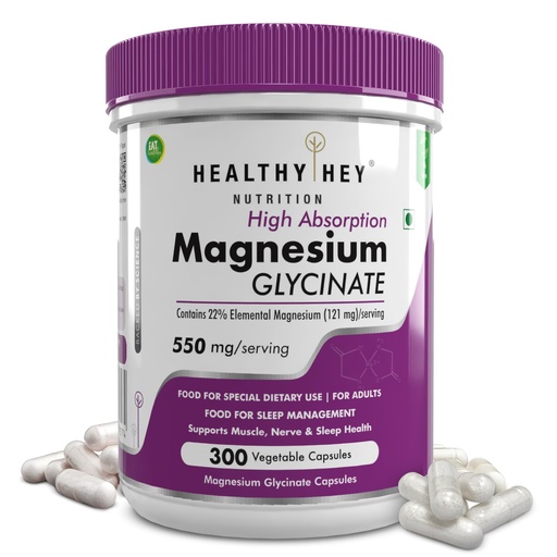 [BRSW2AY2BEHRE3TV] HealthyHey Nutrition Magnesium Glycinate Supplement High Absorption for Sleep, Cramps, & Nerves Health - 300 Vegetable Capsules