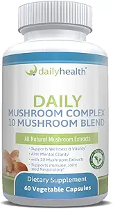 [BRSWY2YOOEHWCE3P] Daily Health 10 Mushroom Blend Complex 60 Capsules Cordyceps, Reishi, Shiitake, Lions Mane, Maitake, Turkey Tail, Chaga, Agaricus, White Button, Black Fungus, Vegan Friendly (1 Month Supply)
