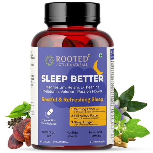 [BRSREZD3DF7AEH3U] Rooted Active's Sleep Better - Melatonin 5 mg with Reishi Mushroom, Magnesium, Valerian, L-Theanine, Passion Flower for Restful Deep Sleeps | Sleep Supplement | 60 Days Supply | Non-Habit Forming