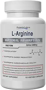 [BRSWYYD2O4NAOD3U] Superior Labs L-Arginine 3000mg, Pure Non-GMO, High-Potency Amino Acid, Nitric Oxide & Vasodilation Booster for Blood Flow, Supports Energy and Endurance, Muscle Pump & Heart Health, 150 Veg Caps