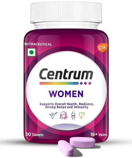 [BRSRMFTYCEIAO23P] Centrum Women, World's No.1 Multivitamin with Biotin, Vitamin C & 21 vital Nutrients for Overall Health, Radiance, Strong Bones & Immunity (Veg) Pack of 30 Tablets