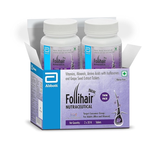 [BRSW2BQ6AQOWGHYY] Follihair New By Abbott Helps Nourish & Strengthen Hair Follicles Tablet, Amino Acids, Vitamins, Minerals & Natural Extracts Twin Pack (30 X 2), 1 count, 30 capsules