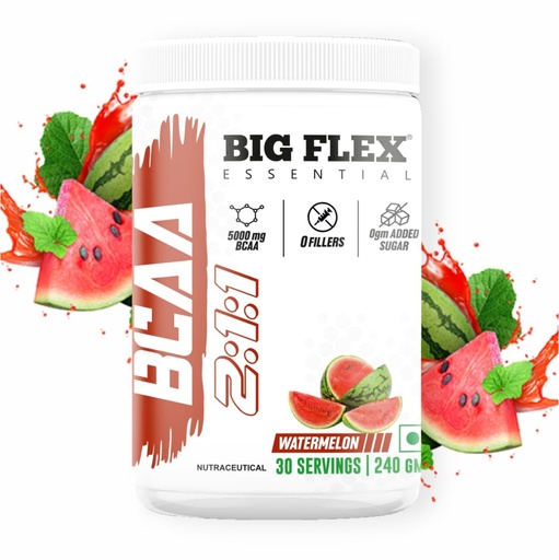 [BRSRO2YNCF7Q223A] Bigflex Essential BCAA powder, Watermelon [ 30 Servings, Pack of 240Gm ] | 2500mg L-Leucine | 1250mg L-Isoleucine & 1250mg L-Valine For Muscle Recovery & Endurance - Pre/Post Workout & Intra Workout Supplement