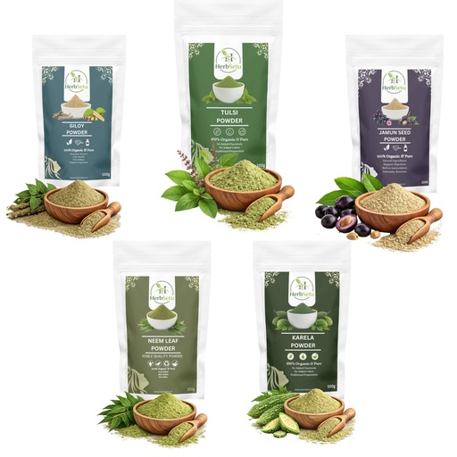 [BRSRYYAFBYNBA2Y3] Blood Sugar Support Herbal Powder Combo Pack 100g Each | Neem Leaf Powder, Karela Powder, Jamun Seed Powder, Giloy Powder & Tulsi Powder | Ayurvedic Herbal Wellness Supplement for Daily Health Support