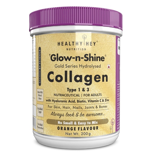 [BRSWGFT2DIGWGH35] HealthyHey Skin Glow-n-Shine® Collagen Powder 200g | Hydrolysed Collagen for Women and Men with Hyaluronic Acid, Biotin and Vitamin C for Healthy Skin, Hair and Nails - (Orange, 200gm)