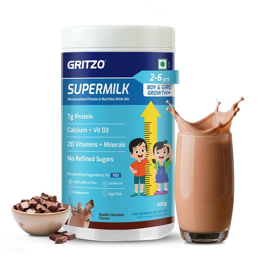 [BRSRMHYYBEHB43T7] Gritzo SuperMilk Growth+ (2-6y Kids), Double Chocolate, 400g