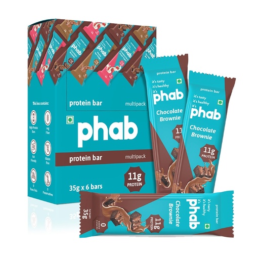 [BRSW2ZACBUPRS2T6] Phab Chocolate Brownie Protein Bars with 11g Protein & No Added Sugar | High Fibre, Gluten-Free, Trans Fat-Free & No Preservatives | Healthy & Delicious With Goodness Of Dates (Pack of 6)