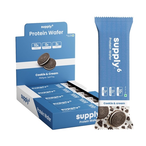 [BRSRYZYDCJ5BQAD2] SUPPLY6 Protein Wafer Bars | Cookie & Cream Flavor | Pack of 10 | Multigrain Crunchy Wafer | Vegetarian | 10g Protein | 3g Fiber | No Added Sugar | Pea Protein Based | 400 G