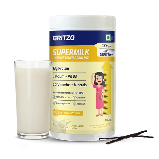 [BRSREFQFOINWAAL6] Gritzo SuperMilk Growth+ Unsweetened (13+ Girl), Creamy Vanilla, 400g