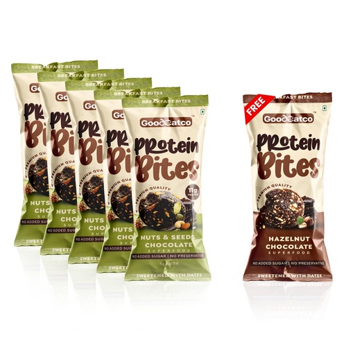[BRSRYFLYCUIQE23A] Good Eat Co Protein Bites – Nuts & Seeds Chocolate (5+1 Free Combo Pack)