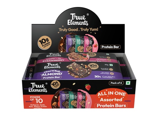[BRSRECYBOQDRSDTG] True Elements All in One Flavours Protein Bar - 50g Each * Pack of 6 (300g) - 10g Protein + 7g Fibre | Strawberry , Chocolate & Almonds, Nuts | Crunchy Protein Bars | Sweetened with Jaggery | Healthy Snacks