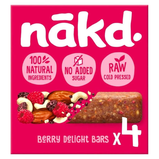 [BRSRACQPCBYBU332] Nakd Raw Fruit and Nut Bars, Berry Delight, Vegan & Gluten-Free Snacks, 4 x 35g