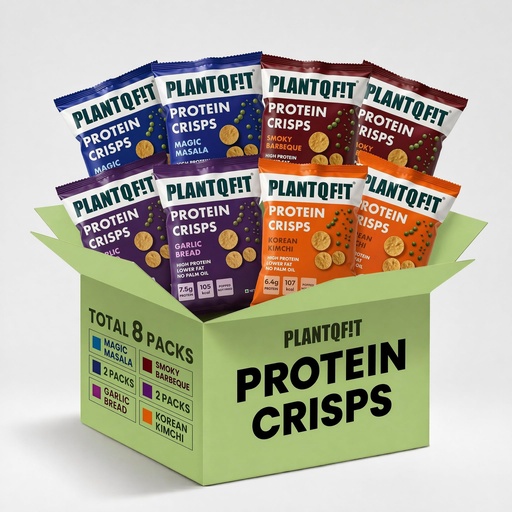 [BRSRGHDQDIIBOYDO] PLANTQFIT High Protein Chips-Savoury Crunchy Namkeen |56g Protein Per Combo, Baked Not Fried, Plant Based| Protein Chips and Snacks, Low Calorie Healthy Snacks for Adults | 8 Combo Packs | 4 Gourmet Flavours: Barbeque, Garlic Bread, Masala Magic, Korean Kimchi | Guilt-Free Diet Snack