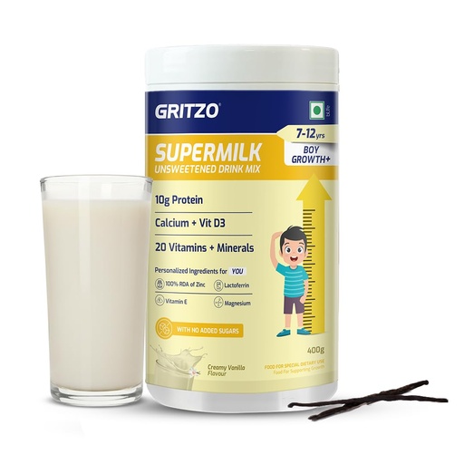 [BRSREFQCDMFWGFD3] Gritzo SuperMilk Growth+ Unsweetened (7-12y Boy), Creamy Vanilla, 400g