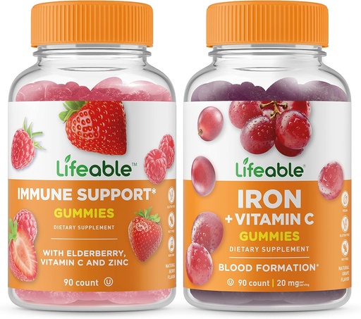 [BRSW2HQTOQMGOF3V] Lifeable Immune Support + Iron with Vitamin C, Gummies Bundle - Great Tasting, Vitamin Supplement, Gluten Free, GMO Free, Chewable