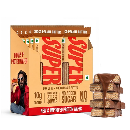 [BRSRAHY5OB6QO2DJ] SuperYou 10g Protein Wafer Bar | Choco Peanut Butter | 10g Protein | Pack of 10 | Made with Atta & Jowar | No Added Sugar | No Trans Fat | No Palm Oil | Fermented Yeast Protein | Energy Bar | 3g Fiber | 100% Vegetarian