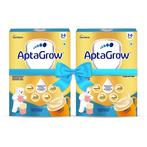 [BRSROEIDAF7WMYIY] AptaGrow Milk Drink Powder for Kid s Height Gain, Immunity & Brain Development, Nutritious & Tasty Vanilla Flavor, 400g | 37 Nutrients | Prebiotics | Low Fat | Veg | Pack of 2