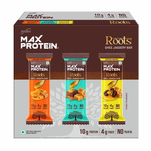 [BRSRGHAHOJ5A43DB] RiteBite Max Protein Roots Assorted 10g Protein Bars (Pack of 6) | Made with Ghee & Jaggery | 4g Fiber | No Palm Oil | (270g)