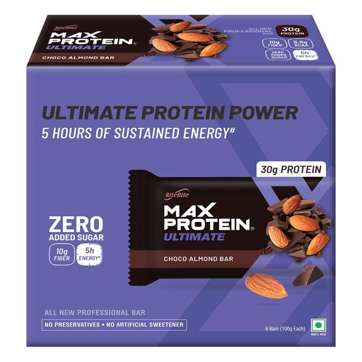 [BRSWGZYOB55GGDTP] RiteBite Max Protein Ultimate Choco Almond 30g Protein Bars [Pack of 6] Protein Blend, Fiber, Vitamins & Minerals, No Preservatives, 100% Veg, No Added Sugar, For Energy, Fitness & Immunity - 600g