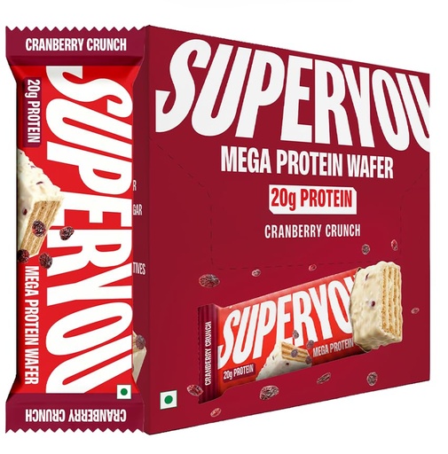 [BRSRYEL5OYFROCTK] Superyou Cranberry Crunch Mega Protein Wafer Bar (Pack of 6) 20G Protein, 4.8g Fibre, No Added Sugar | Yeast Fermented |Energy Bars|Crunchy Wafer Bar|100% Vegetarian|No Palm Oil | 360g