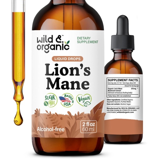 [BRSRAGQFCR4BS3T6] Wild & Organic Lions Mane Liquid Drops - Focus & Brain Support - Lions Mane Supplement - Hericium Erinaceus Mushroom Extract Tincture - Mix with Powder & Add to Tea - Alcohol & Sugar-Free - 2 fl oz