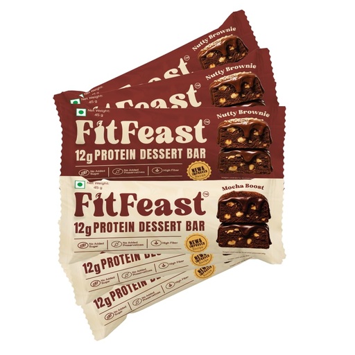 [BRSRACTYC54B4YLG] FitFeast Dessert Protein Bar Variety Pack of 6 | 3 x Mocha Boost and 3 x Nutty Brownie | 12g Protein Bar without Added Sugar & No Artificial Preservatives | 45g Bar | As Seen on Shark Tank