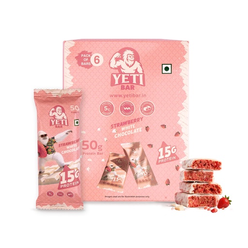 [BRSRYEAEOYMWE3T7] Yeti Bar High Protein Bar | Strawberry White Chocolate (Pack of 6) | 15g Protein | No Added Sugar | 4.85g Fibre | 50g