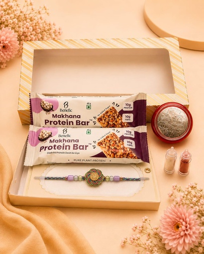 [BRSRYZLQDICRUF3Z] Benefic Rakhi Gift Set with 1 Special Rakhi, 1 Silver Plated Coin, 2 Makhana Protein Bars, 1- Roli & Akshat | Best Gift Set for Rakhi (No. 15)