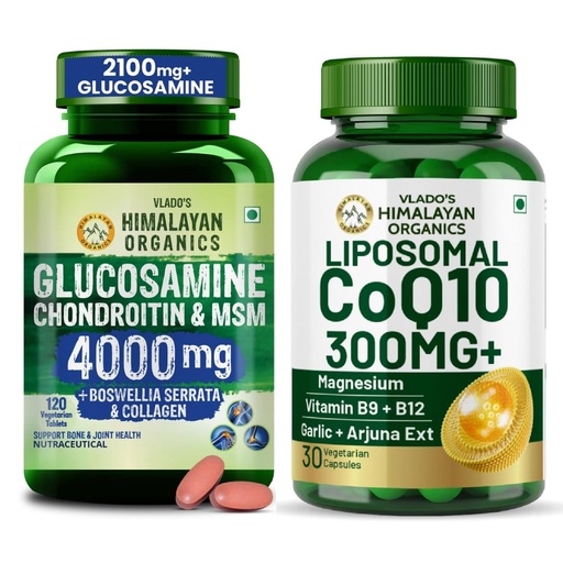 [BRSRYGD3CEOR6ALH] Vlado’s Himalayan Organics Glucosamine Chondroitin MSM Tablets 120 Veg Tab + Liposomal Coenzyme Q10 | CoQ10 Supplement 300mg+ with Magnesium, Vitamin B9 & B12, D-Chiro-Inositol,Garlic, 30 Capsules