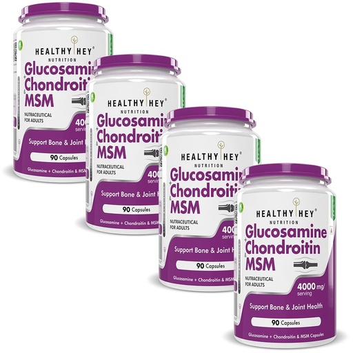 [BRSRAZYEBMARY2TP] HealthyHey Nutrition Double Strength Glucosamine Chondroitin and MSM for Cartilage; Joint and Bone; 90 Capsules (4000 mg) - Pack of 4