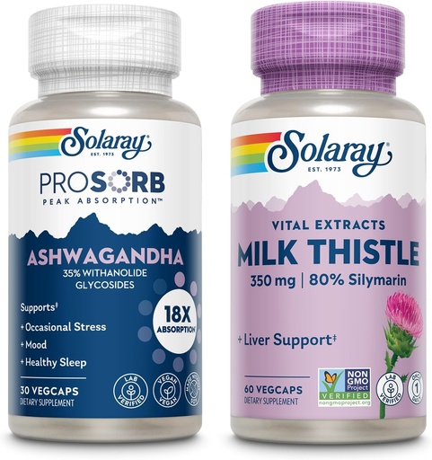 [BRSRAGL3AAHAIDLF] SOLARAY Ashwagandha and Milk Thistle Supplement Bundle, 18X Absorption Ashwagandha Capsules for Mood Support Plus Milk Thistle Extract, Vegan, 60-Day Guarantee, 30ct/60ct