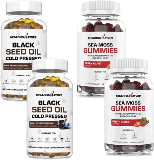 [BRSROAQFB5YRSALK] ORGANICS NATURE Black Seed Oil Capsules (2 Bottles) & Sea Moss Gummies (2 Bottles) | Vegan Softgels, for Hair, Skin, Heart, Joint Support, Lung Detox, Energy, Mucus Clear, Thyroid, Digestion Omega 3s