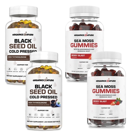 [BRSROAQFB5YRSALK] ORGANICS NATURE Black Seed Oil Capsules (2 Bottles) & Sea Moss Gummies (2 Bottles) | Vegan Softgels, for Hair, Skin, Heart, Joint Support, Lung Detox, Energy, Mucus Clear, Thyroid, Digestion Omega 3s