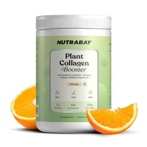 [BRSRAEDYAUPQKFAY] Nutrabay Collagen Booster Plant-Based Collagen Builder for Skin, Hair, Joints & Nails with Vitamin C & E – 250g, Orange Flavor | Tested for Purity | Non GMO
