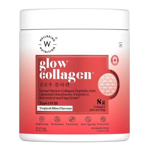 [BRSW2C3YBYOWCA3X] WELLBEING NUTRITION Glow Collagen with Glutathione|Collagen Supplements Marine Collagen Powder with Liposomal Glutathoine, Resveratrol, Bromelain & Goji Berry|250g - Tropical Bliss Flavor, 1 count, 25 servings