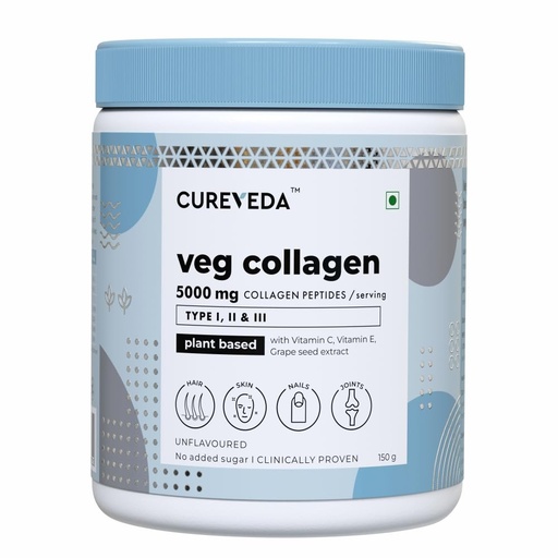 [BRSWYZQDAACREYDK] Cureveda Veg Collagen 5000mg Collagen Peptide with added Vitamin C & E, Grapeseed Extract For Healthy Skin, Hair & Nails | Men & Women - 150 gm Powder Unflavoured