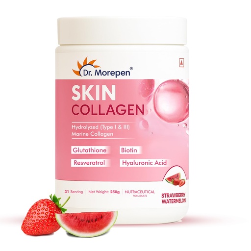 [BRSRMGTYAUIQAHTZ] DR. MOREPEN Skin Collagen Powder with Glutathione, Hyaluronic Acid, Resveratrol & Biotin for Skin, Hair & Joint Support, Strawberry Watermelon Flavour, 31 Servings – 250g