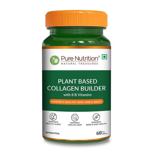 [BRSRA2YLCAOQM23K] Pure Nutrition Veg Collagen Supplement for Men & Women | Plant Based Collagen Builder Made from Biotin, Vitamin C & 8 B Vitamins | For Glowing Skin, Strong Hair & Nails, Joint Support & Bone Health – 60 Veg Tablets