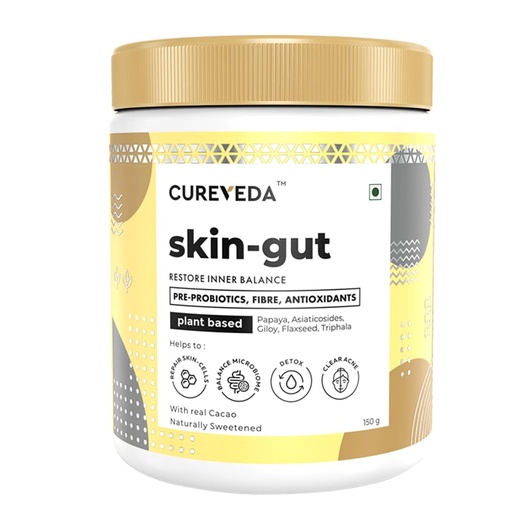 [BRSWYZQCB4BWGD33] Cureveda SkinGut Pre & Probiotic Powder for Clear Skin | Supports Acne Control | Gut Health| Skin Detox | Plant-Based Formula with Antioxidants | No Added Sugar & Artificial Flavour(150 gm)