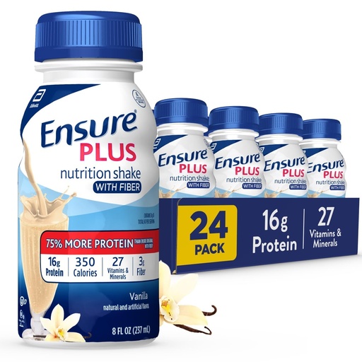 [BRSWGEI6PJ4GY33J] Ensure Plus Vanilla Nutrition Shake With Fiber | Meal Replacement Shake | Ready to Drink | 16g Protein and 27 Vitamins and Minerals | 8 fl oz - 24 Pack