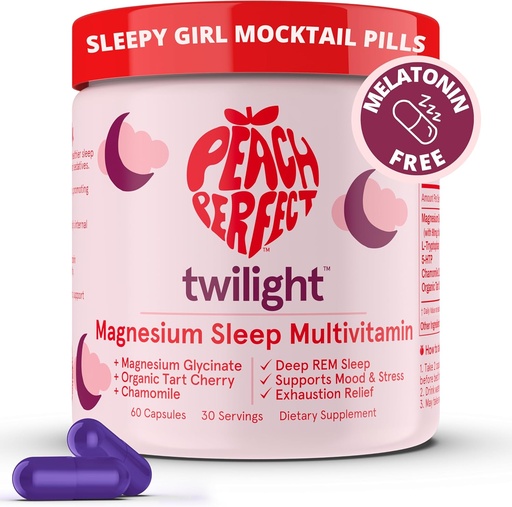 [BRSROCQ7BAHWGD3H] Peach Perfect Twilight Magnesium Glycinate Sleep Multivitamin Magnesium Supplement with Organic Tart Cherry, Chamomile, 5-HTP, L-Tryptophan, Natural Sleepy Girl Mocktail, 60 Capsules, 30 Servings