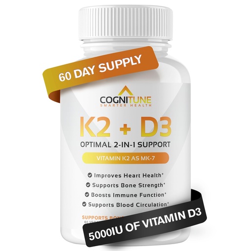 [BRSWGGLYB4AWCHIY] CogniTune Vitamin K2 (MK7) with D3 Supplement - Premium Natural Heart & Bone Health Capsules - Pure D3 Plus K2 Complex with 5000 IU of Vitamin D 3 & 90 mcg of Vitamin K 2-60 Count