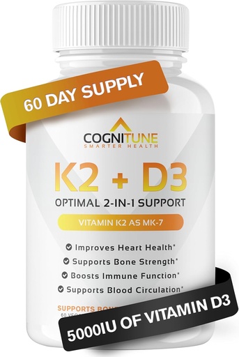 [BRSWGGLYB4AWCHIY] Vitamin D3 5000 IU with Vitamin K2 (MK7) Supplement - Premium Immune, Heart & Bone Health Capsules - Vitamin K2 D3 Complex with 5000 IU of Vitamin D3 & 90 mcg of Vitamin K2 mk7-60 Count