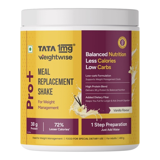 [BRSRECYHCQCRMEL5] Tata 1mg Meal Replacement Shake Pro+ | Low-Carb, High-Protein Shake for Weight Management | 38g Protein, 72% Fewer Calories | Packed with Essential Nutrients | 400g