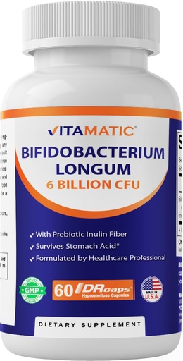 [BRSROCAFOACQYEI6] Vitamatic Bifidobacterium Longum 6 Billion CFU per DR Capsule - 60 Count - Promotes Intestinal Health - Made with Prebiotic Inulin Fiber