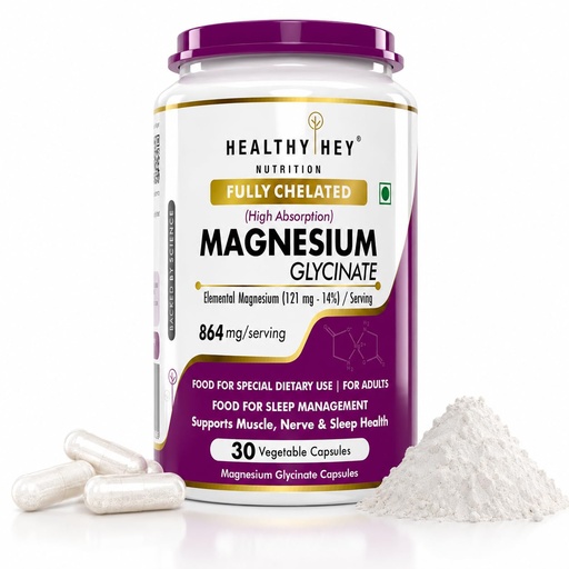 [BRSRYFIPDEIAADT4] HealthyHey Nutrition Magnesium Glycinate 14% Fully Chelated Supplement High Absorption for Sleep, Cramps, & Nerves Health - 30 Vegetable Capsules