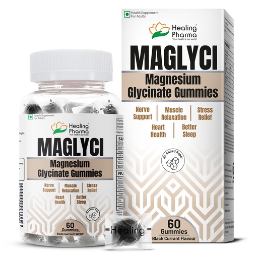 [BRSRGAABBYFRY3QU] Healing Pharma - Maglyci Magnesium Glycinate Gummies for Better Sleep, Stress Relief and Muscle Relaxation | With Vitamin D3 & B6 | Zero Added Sugar | Magnesium Glycinate Supplement For Men & Women- 60 Gummies Black Currant Flavour
