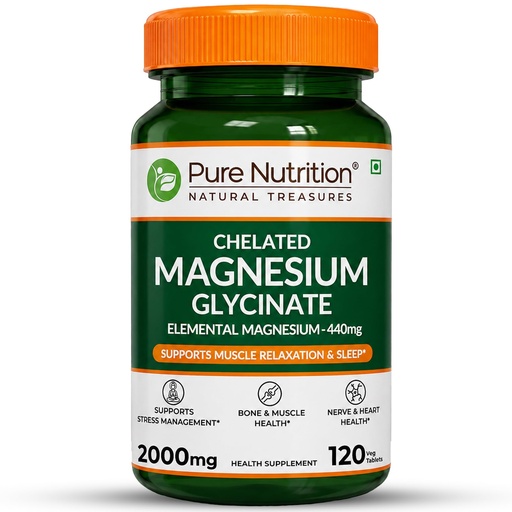 [BRSRA2YYDF5AYG3U] Pure Nutrition Chelated Magnesium Glycinate Supplement 2000mg - 120 Tablets | High Absorption Magnesium Supplements (Elemental 440mg) for Sleep, Cramps, Nerve Health, Relaxation, Bone & Joint Health