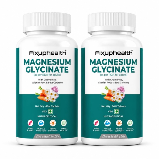 [BRSRYEARAUOQYHL6] Fixuphealth Magnesium Glycinate Supplement 60 Tablets | High Absorption Magnesium Bisglycinate 370mg Elemental | Supports Sleep, Muscle Cramps, Nerve Health, Bone & Joint Support (Pack of 2)