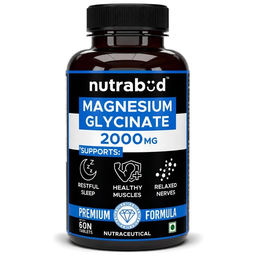 [BRSRYFAKBAPAAHTU] Nutrabud Magnesium Glycinate Tablets - 2000mg per Serving | High Absorption Chelated form for Muscle Recovery, Sleep & Nerve Health - 60 Veg Tablets